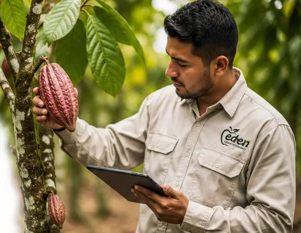 Técnico de Edén evaluando una plantación de cacao